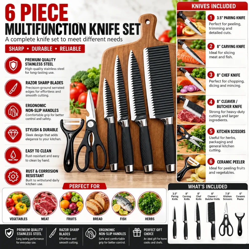 A grade quality 6 in 1 multi functional knife set